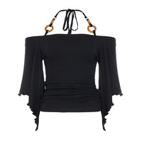 Retro Striped Off-Shoulder Flare-Sleeve T-Shirt