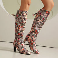 Womens Floral Patchwork Bowknot Chunky Heel Over-the-Knee Boots