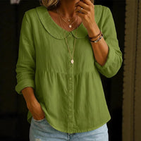 Summer New Peter Pan Collar Linen-Cotton Solid Color Shirt Womens Loose Slimming Three-Quarter Sleeve Casual All-Match Top