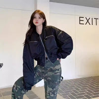 Casual Black Workwear-style Baseball Jacket Short Coat