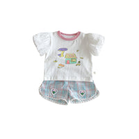 Girls' Bubble Sleeve T-shirt Cartoon Doll Shirt Embroidered Plaid Shorts