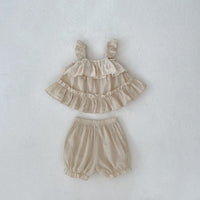 Baby Girl Sweet Flying Sleeve Suspender Top Solid Color Shorts Two-piece Suit