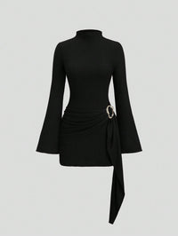 Knitted Solid-Color Slimming Dress With Metal Buttons