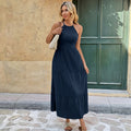 Casual Resort-style Halterneck Solid-color Waist-cinching Dress