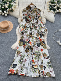 French-style Retro Elegant Single-Breasted Lace-Up Waist Floral Print Dress For Women