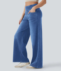 High-waisted Loose-fit Stretchy Wide-leg Jeans For Women