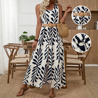 French-style Sleeveless Strap Dress With Belt Leaf-print Split-front Dress