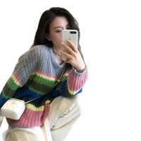 Korean Spring Limited Rainbow Mohair Striped Sweater Loose Outerwear Top
