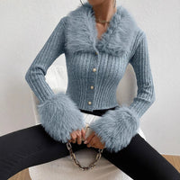 New V-neck Knitted Cardigan With A Slim Fit And A Fur-trimmed Collar
