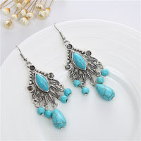 Fashionable Bohemian Vintage Carved Turquoise Teardrop Tassel Earrings