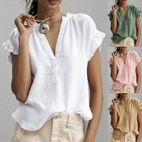 Women's Casual V-Neck Short-Sleeve Solid Color Cotton-Linen Top