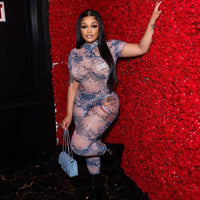 Women's Backless Fashion Printed Sheer Mesh Jumpsuit