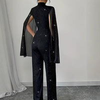 Round Neck Chiffon Lantern Sleeve Patchwork Jumpsuit