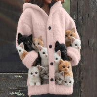 Womens Casual Hooded Cape With Cat Print