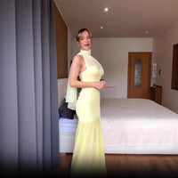 Backless Milk Silk Sleeveless Mesh Evening Dress Dress