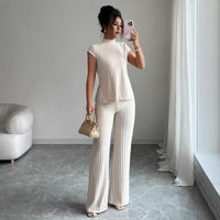 Solid-color Short-sleeve Top And Ribbed Casual Pants Set