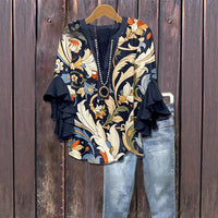 Women's Creative Printing Casual V-neck Lotus Sleeve T-shirt