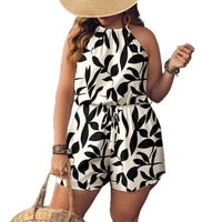 Strap Halter Printed Sleeveless Shorts Loose-fitting Jumpsuit