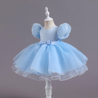 Sequined Puff Sleeve Lace Mesh Bubble Skirt Dance Performance Dress