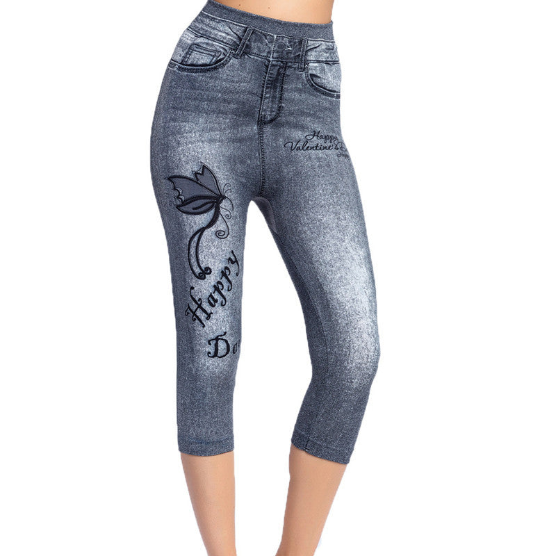 Printed Imitation Denim Cropped Trousers High Elasticity Hip Leggings