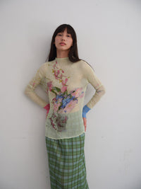 Micro-translucent Pleated Irregular Print High-neck Slim-fit Base T-shirt