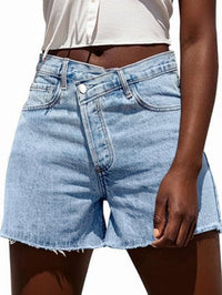 Irregular Slant-waist Raw-edge Denim Shorts