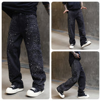 Men's High Street Washed Straight Full Diamond Design Jeans