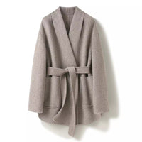 Camel-wool V-neck Wool Double-faced Wool Belted Coat