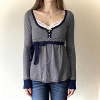 Lace-trimmed Faux Two-piece Striped High-waist Long-sleeve Versatile Top