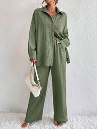 Summer New European And American Style Pleated Long-Sleeve Lapel Loose Two-Piece Set