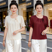 Fashionable And Elegant Women's Clothing Mom-style Summer Thin Chiffon Short-sleeve Top