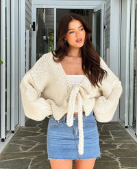 Short Thick Needle Bow Bandage Reverse Cardigan Jacket