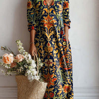 Womens Loose V-Neck Fashionable Long-Sleeve Printed Dress