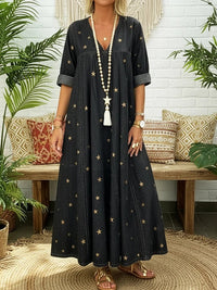 V-neck Loose-fit Printed Star Denim Dress For Women