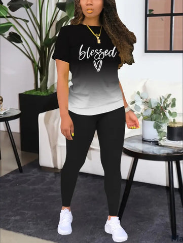 Women's Alphabet Printed Round Neck T-Shirt And Leggings Set