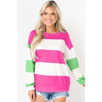 Spring Striped Drop-shoulder Long-sleeve Color Contrast Patchwork Pullover