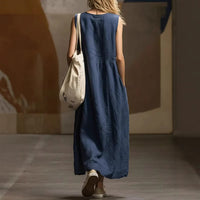 Womens Loose-Fitting Sleeveless Cotton-Linen Dress With Pockets