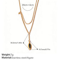 Vintage Stackable Double Layer Oval Black Onyx Pendant Necklace, 18K Gold Plated Square Black Zircon Clavicle Chain