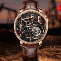 Mens Watch With Oil Pump Movement Stainless Steel Case And Leather Strap