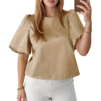 Womens Round-neck Satin Puffed-sleeve Pullover Doll Shirt Top