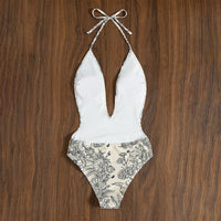 Printed Slim Fit One Piece Swimwear Deep V-Neck Triangle Bikini