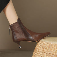 Full-leather Stiletto-heeled Pointed-toe Ankle Boots With A Back Zipper