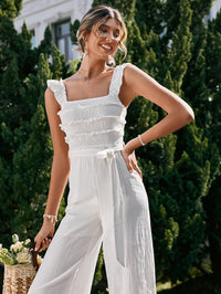 Solid Color Ruffled Shoulder Strap Jumpsuit