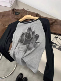 Simple Plus Size American College Style Cat Printing Long-sleeved T-shirt Top