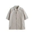Japanese-style Retro Color Contrast Patchwork Polo Collar Stripes Loose All-match Short Sleeve