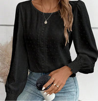 Womens Casual Top With Dotted Lace Trim And Lantern Sleeves