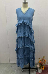 Solid-color V-neck Fashionable Raw-edge Patchwork Denim Dress