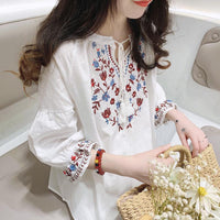 Womens Embroidered Lace-Trimmed Collar Puff-Sleeve TopBlouse