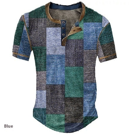 Men's Clothing Graphic Plaid Color Block Printed Men's Waffle Henley Shirt Short Sleeve