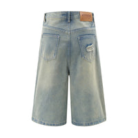 Punk Ripped Wash Denim Straight Cropped Pants